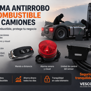 vista de un camion parcado y dos ladrones estan robando el combustible y vista del kit completo de alarma antirrobo de combustible de camiones