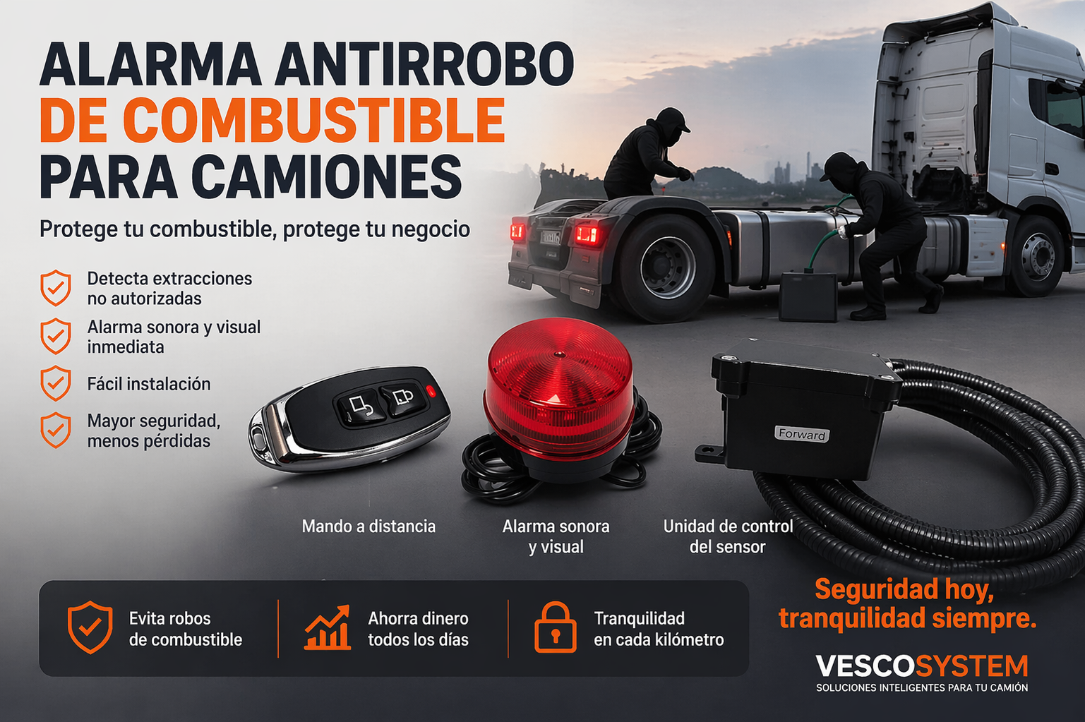 vista de un camion parcado y dos ladrones estan robando el combustible y vista del kit completo de alarma antirrobo de combustible de camiones