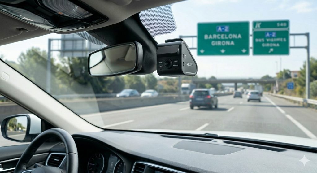 instalación discreta y profesional de la dashcam Viofo en el interior de un coche circulando