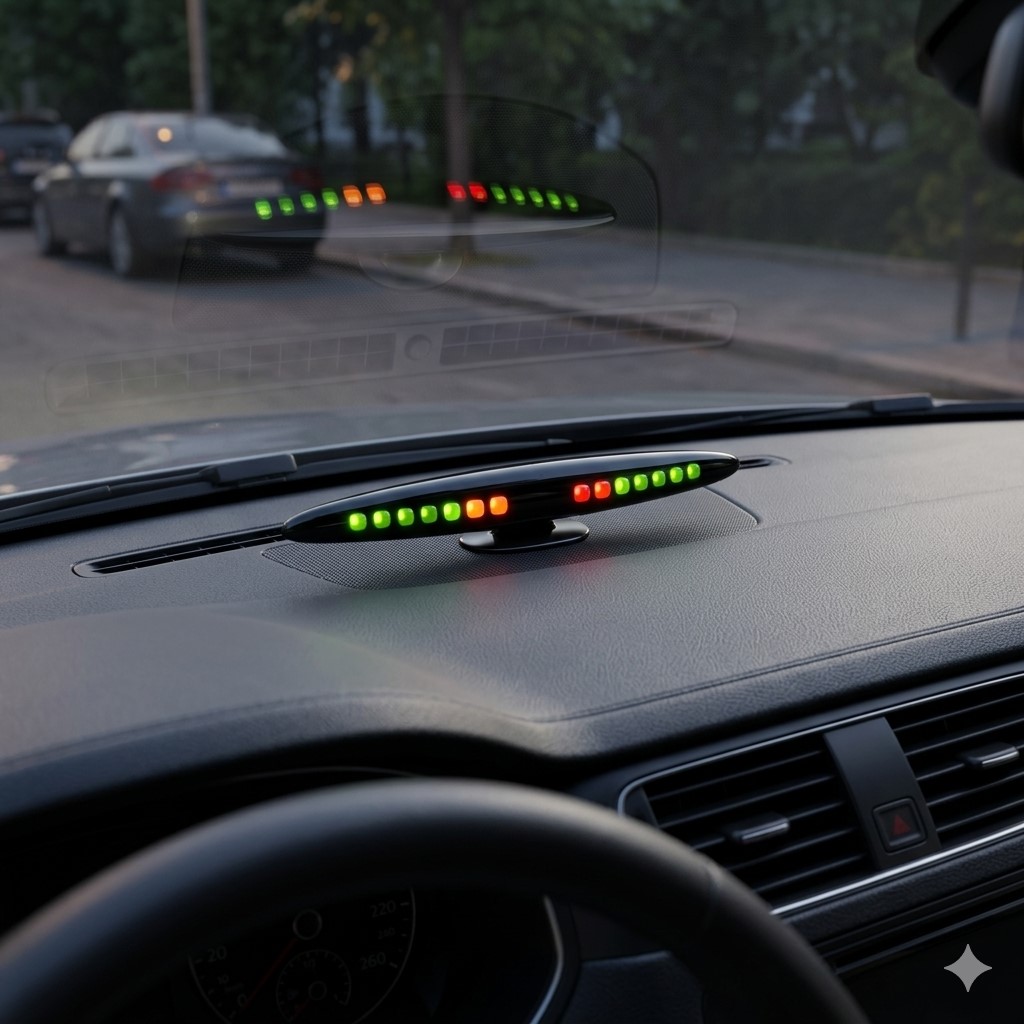 Vista de la pantalla Slim LED de Steelmate PTS411-M21 montada en el salpicadero de un coche