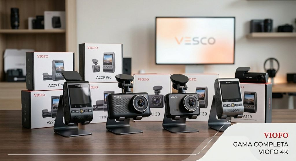 Colección completa de cámaras dash cam 4K Viofo mostradas en un entorno de oficina profesional, destacando la variedad de modelos disponibles en Vesco para seguridad vial.