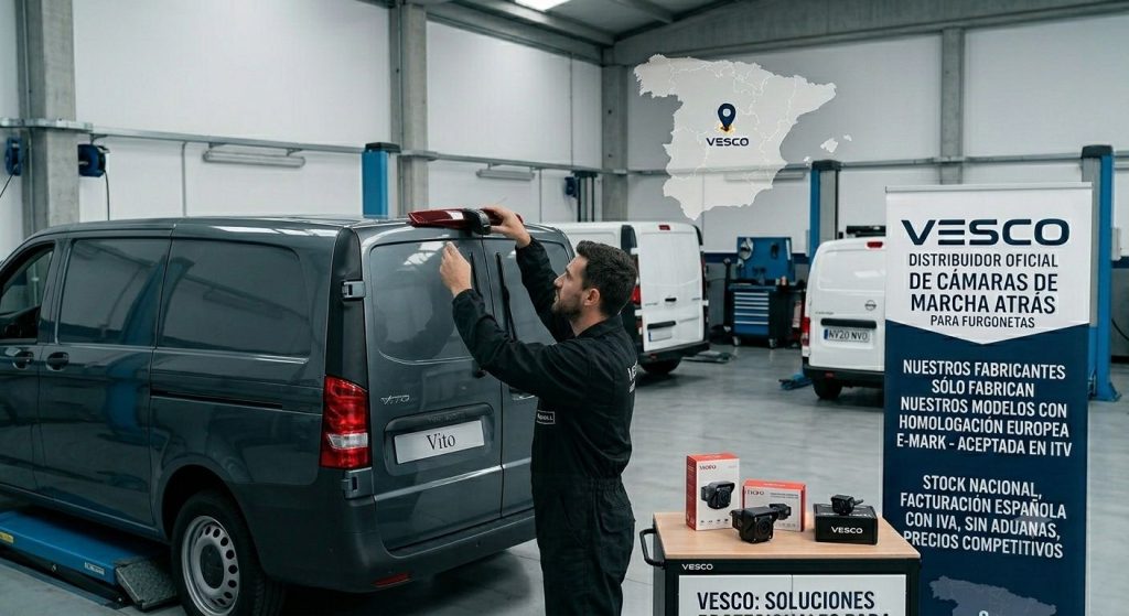 Instalación de una camara marcha atras homologada con certificación E-Mark en una furgoneta comercial para pasar la ITV con Vesco.