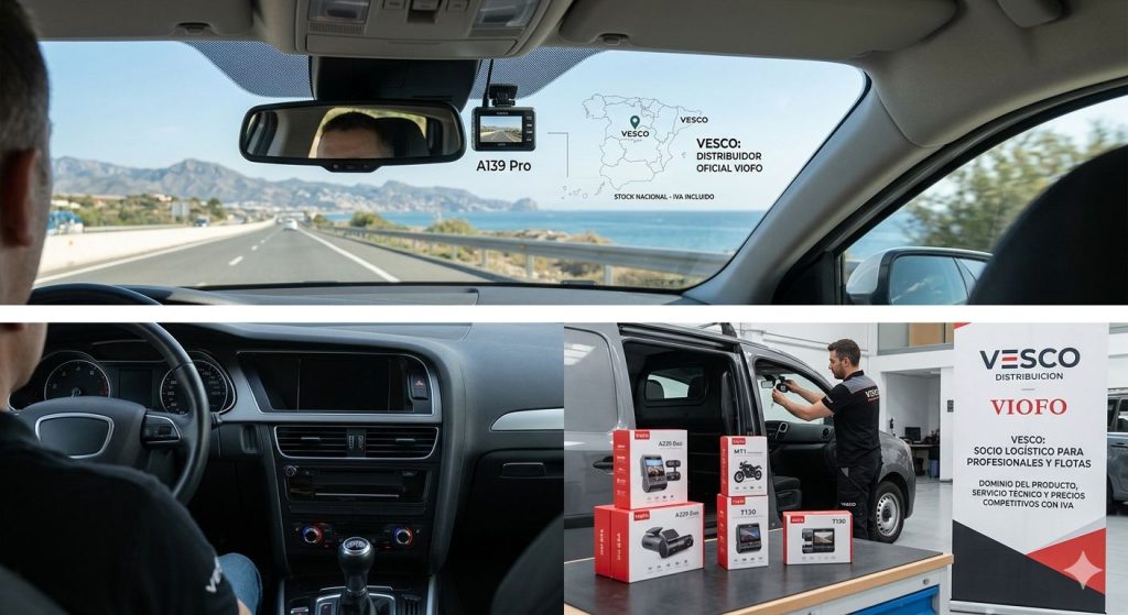 Técnico en un taller mecánico instalando una cámara para coche con cajas de productos junto al tótem del distribuidor Viofo en España Vesco.