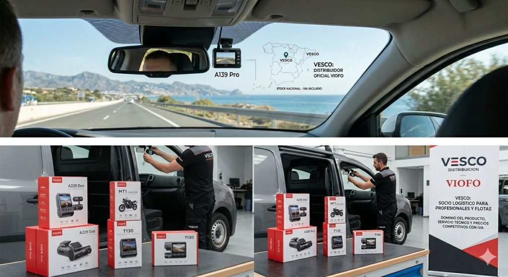 Técnico en un taller mecánico instalando una cámara para coche con cajas de productos junto al tótem del distribuidor Viofo en España Vesco.